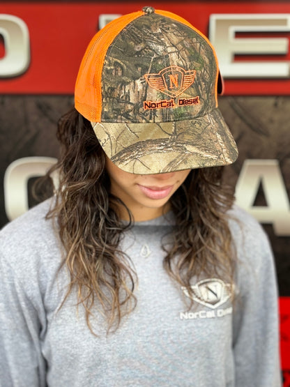 NORCAL DIESEL CAMO TRUCKER HAT W/ORANGE MESH