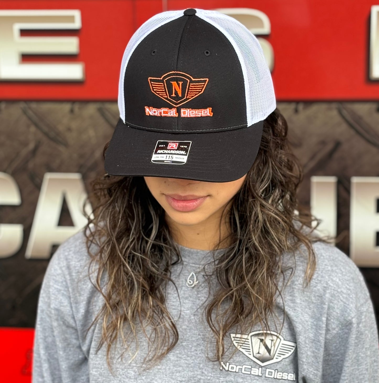 NORCAL DIESEL BLACK AND WHITE TRUCKER HAT W/ORANGE LOGO