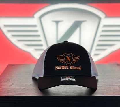 NORCAL DIESEL BLACK AND WHITE TRUCKER HAT W/ORANGE LOGO