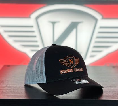 NORCAL DIESEL BLACK AND WHITE TRUCKER HAT W/ORANGE LOGO