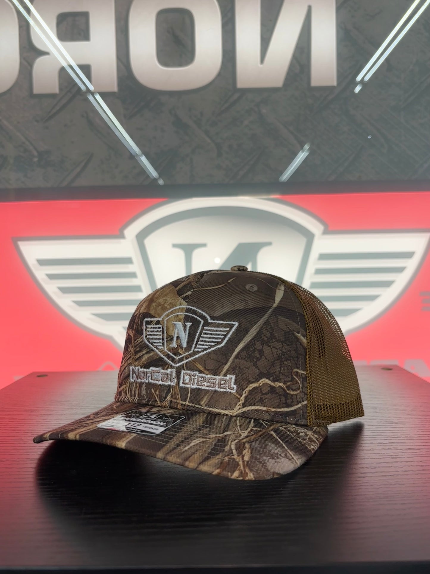 NORCAL TRUCKER HAT CAMO W/WHITE EMBROIDERY